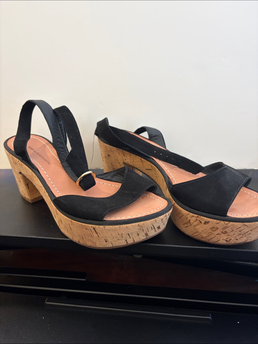 Diane Von Furstenberg Black Cork Platform Slingback Sandals